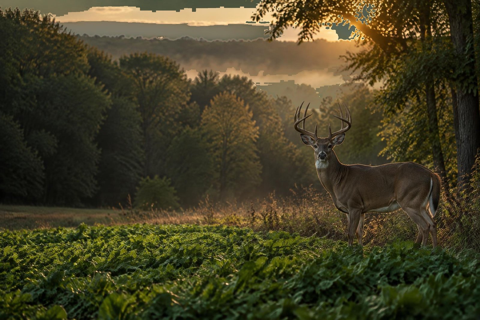 Mature whitetail buck overlooking a managed Midwest food plot